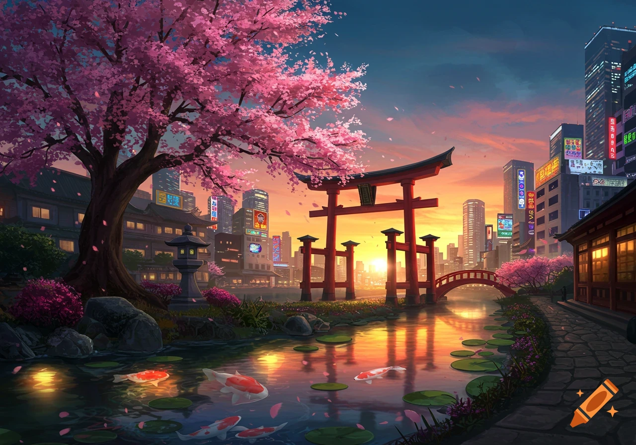 Vibrant anime-style Japanese cityscape at sunset, with a large cherry blossom tree and a red torii gate by a river with koi fish, modern buildings glowing in the background.