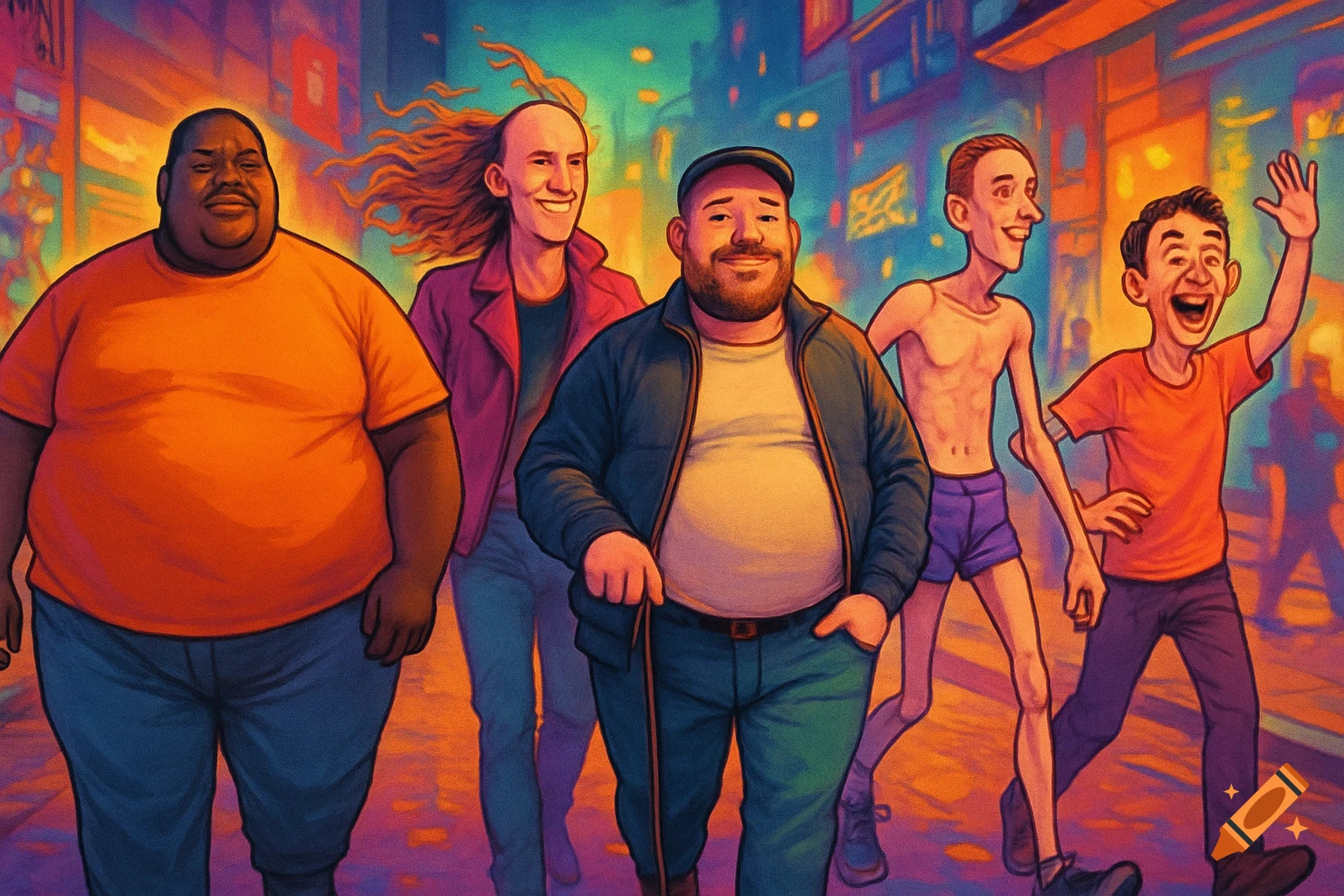 Five diverse men, including an obese man, a man with long hair, a man with a cane, a very thin man, and a man with buck teeth, walk cheerfully in a colorful, stylized street scene.