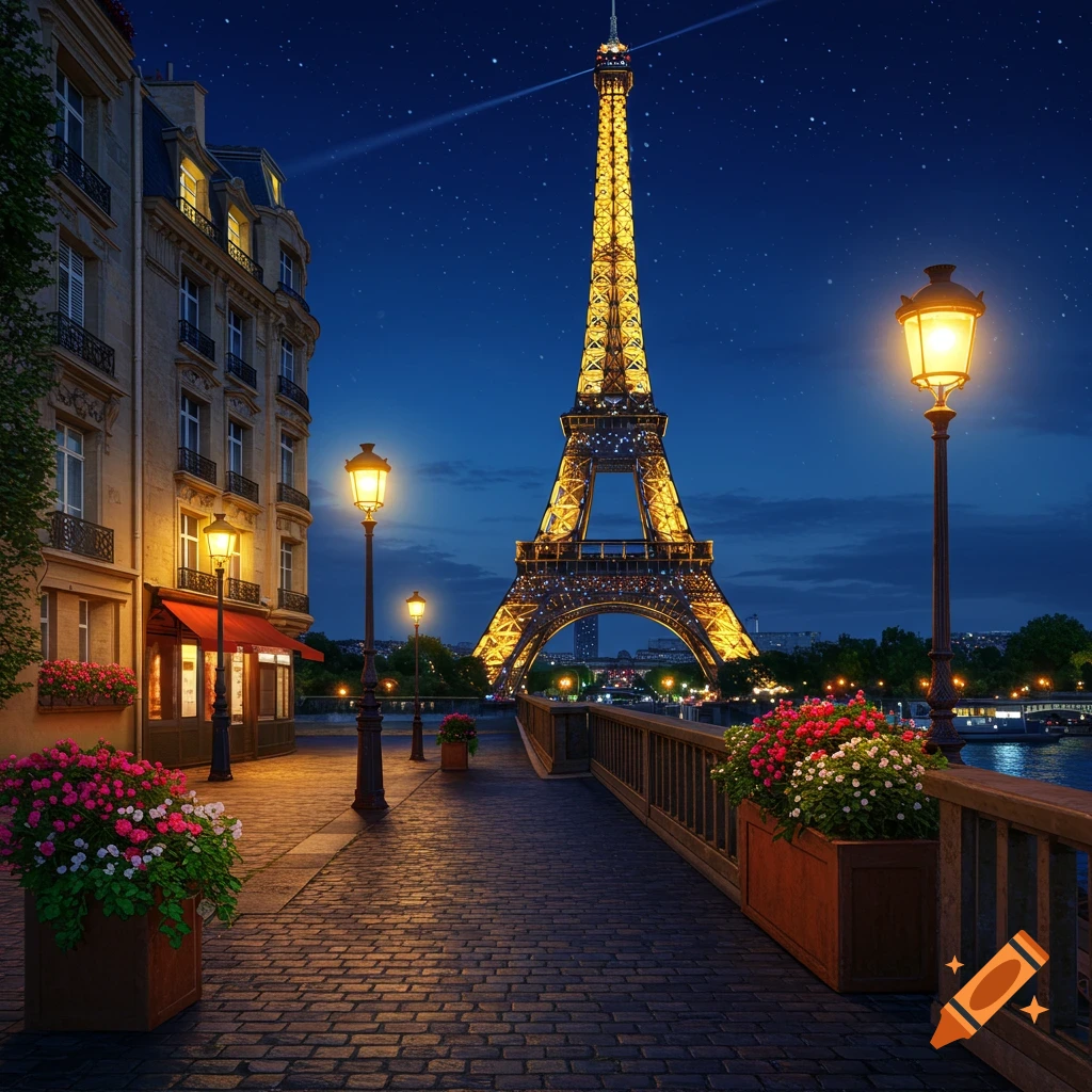Illuminated Eiffel Tower at night from a cobblestone street in Paris, with glowing streetlights and flower boxes.