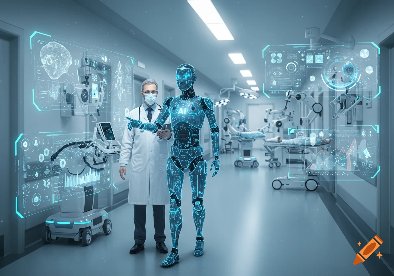A doctor and a glowing blue robot stand in a futuristic hospital corridor, surrounded by holographic medical displays, in a photorealistic style.