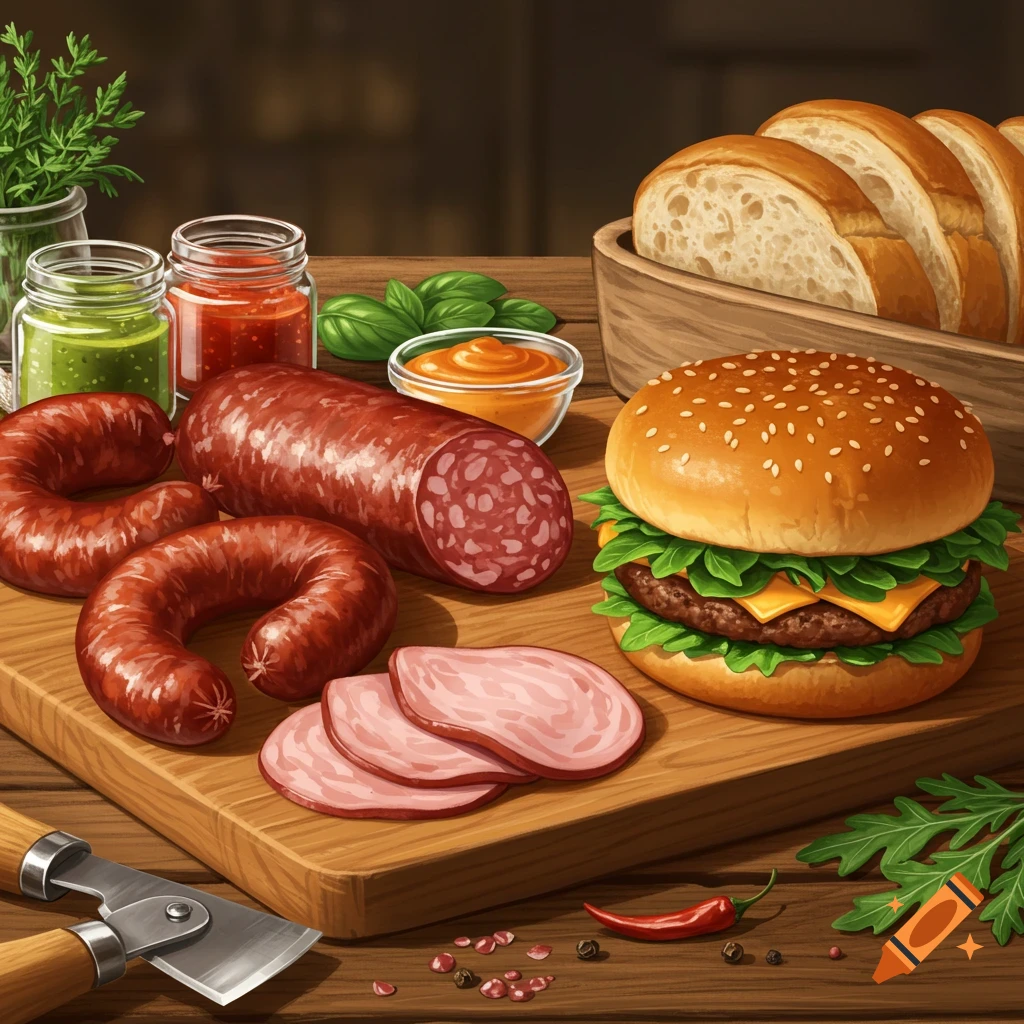 Digital illustration of a wooden table laden with sausages, sliced lunch meat, a cheeseburger, bread, sauces, and fresh herbs.