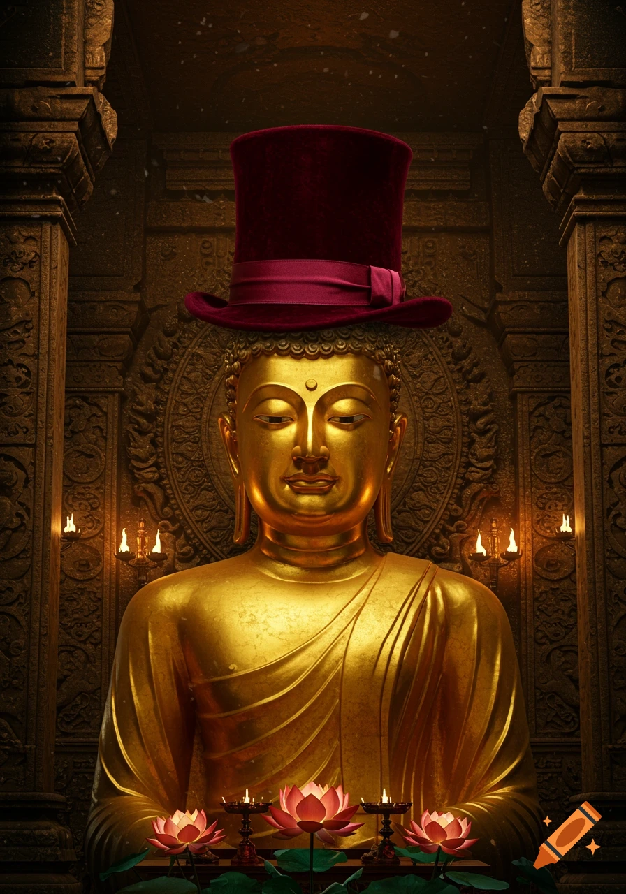 A golden Buddha statue wearing a burgundy top hat, surrounded by glowing lotus flowers and candles in a richly decorated temple.