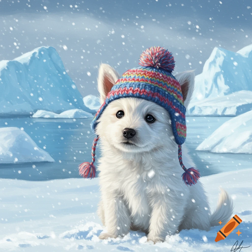 A cute white puppy wearing a colorful knitted hat sits in the snow, with icebergs and a body of water in the background, as snowflakes fall.