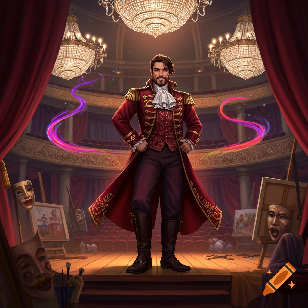 A man in a red captain's coat stands on a grand theater stage with chandeliers, red curtains, art props, and magical wisps.