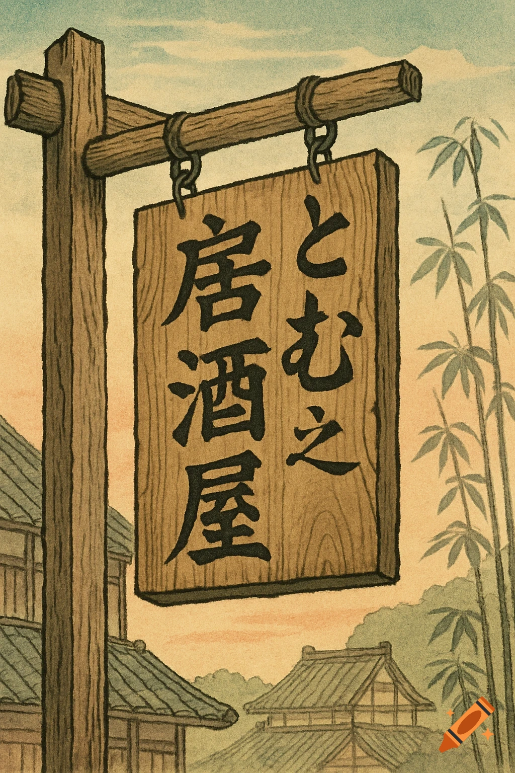 Ukiyo-e style illustration of a wooden sign for "Tom's Tavern" in Japanese, with traditional buildings and bamboo in the background.