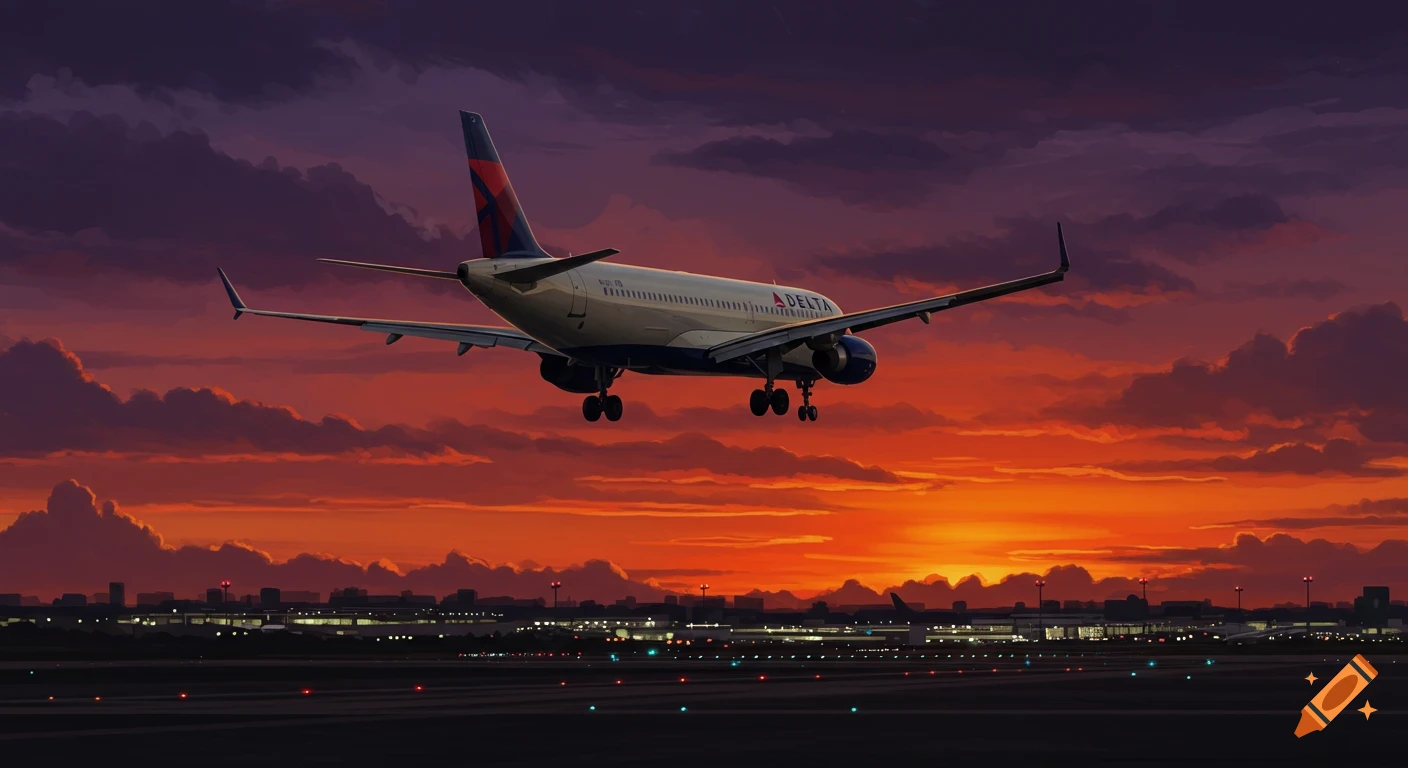 A Delta Airlines airplane approaches an airport runway for landing, silhouetted against a vibrant orange and purple sunset sky.