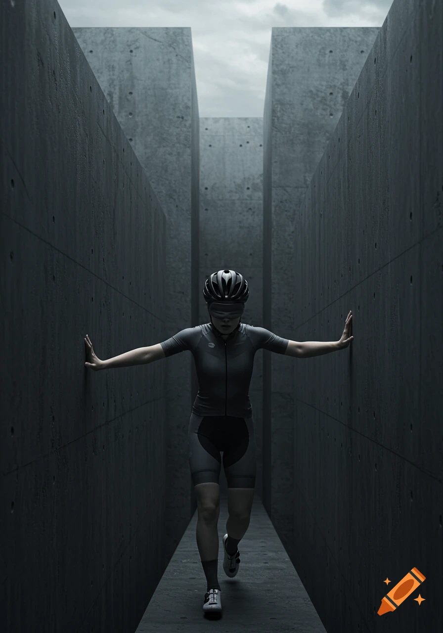 A blindfolded person in cycling gear navigates a stark concrete maze, feeling the tall walls with outstretched hands.