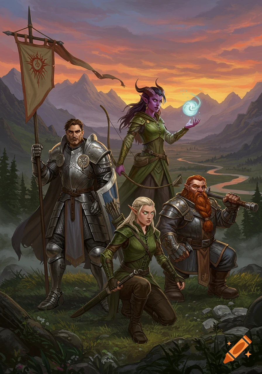 A knight, elf, dwarf, and tiefling sorceress stand heroically in a mountainous valley at sunset, digital painting.