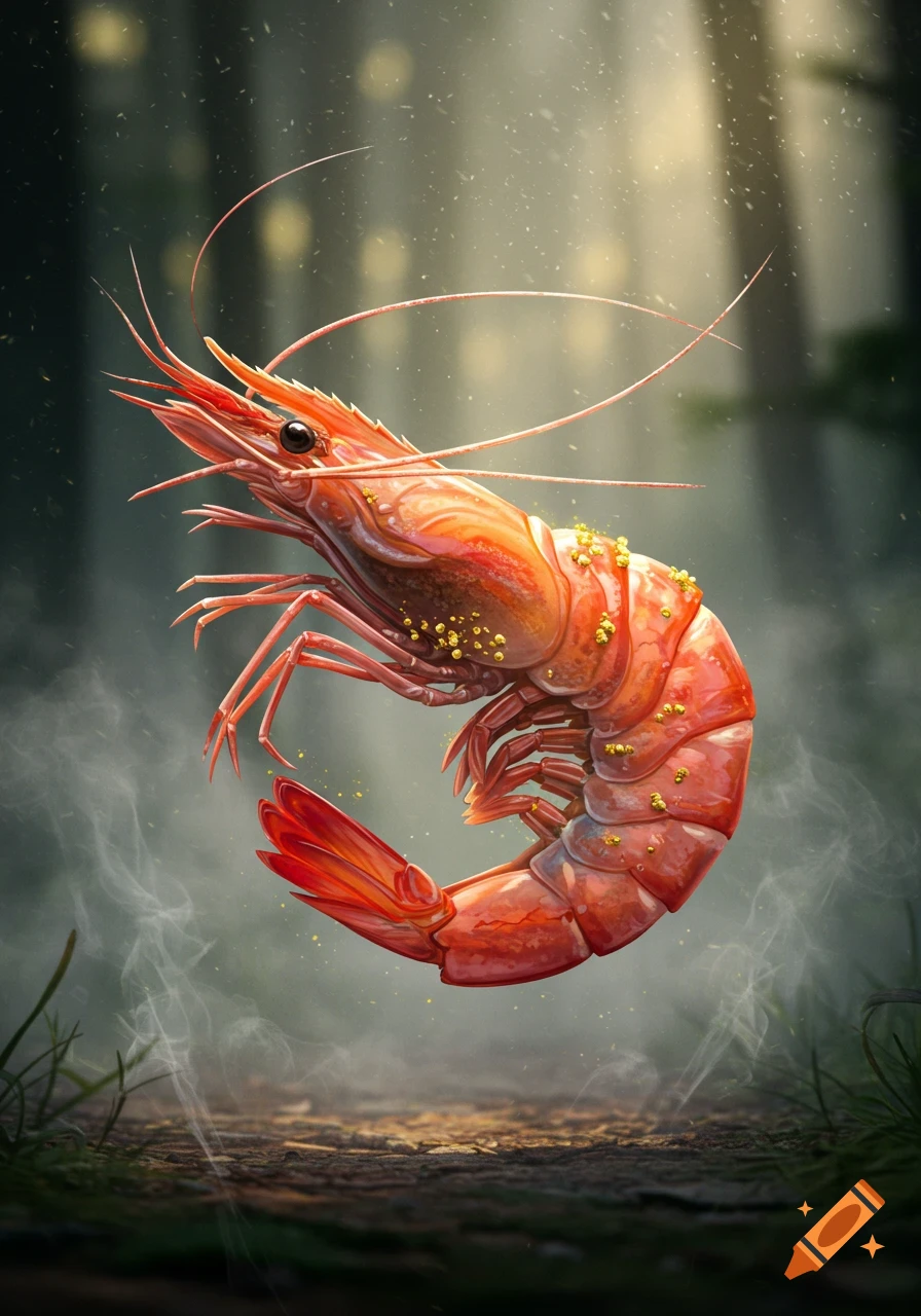 A large, cooked red shrimp with golden particles on its shell, floating in a misty forest with light rays.