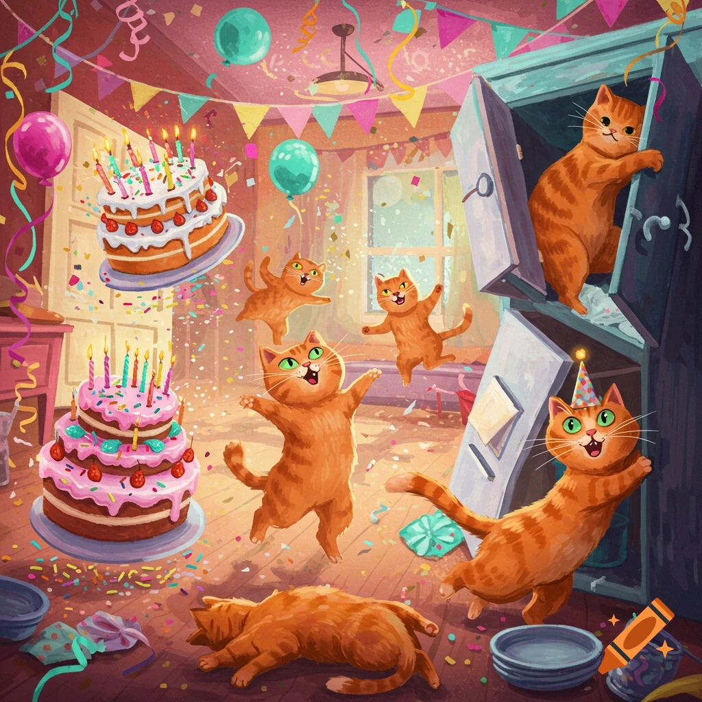 A chaotic cartoon birthday party with multiple orange cats, flying cakes, confetti, and balloons. One cat wears a party hat.
