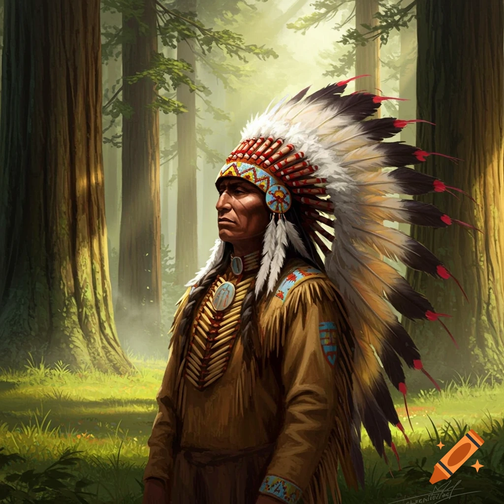Illustrative portrait of a Native American chief in a feathered headdress, looking left in a sunlit forest.