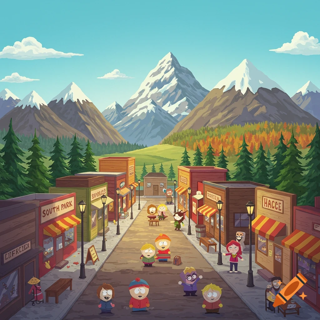 Cartoon scene of the town of South Park with familiar characters on a street, mountains and trees in the background, in a stylized art style.