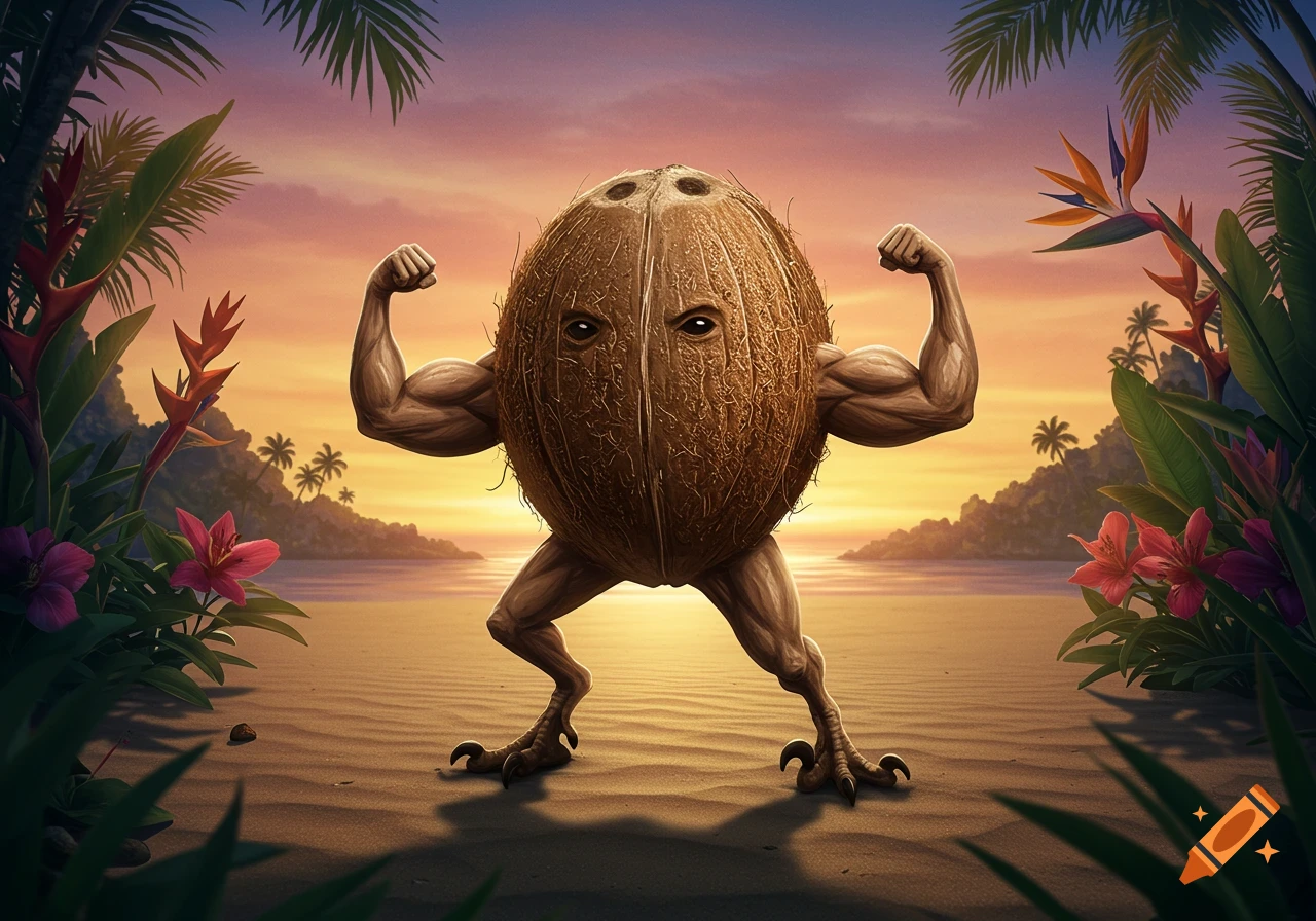A muscular coconut creature with raptor legs stands on a tropical beach at sunset, flexing its biceps.
