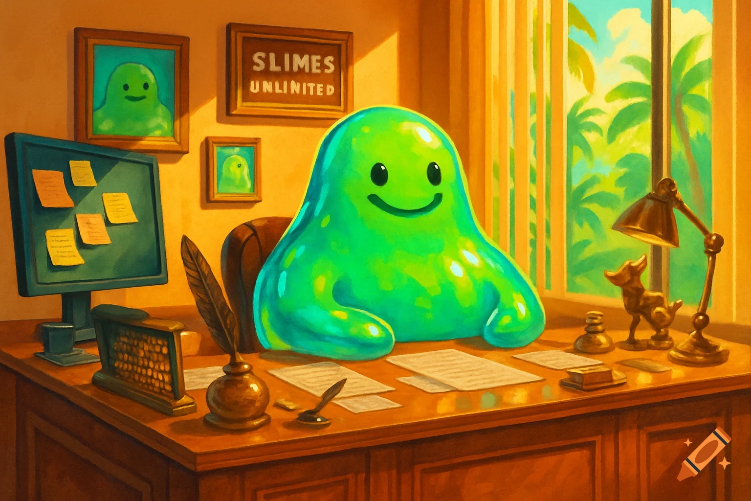 A happy, green slime sits at a wooden desk in a vibrant office with a 'SLIMES UNLIMITED' sign and a window showing palm trees.