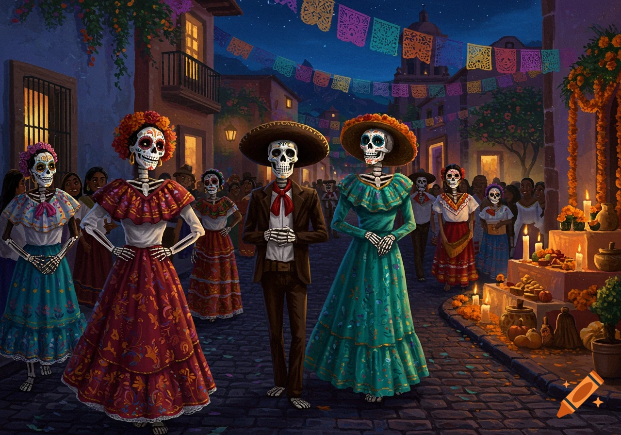 Vibrant painting of skeletal figures in traditional Mexican dress celebrating Day of the Dead on a decorated street at night with papel picado and candles.