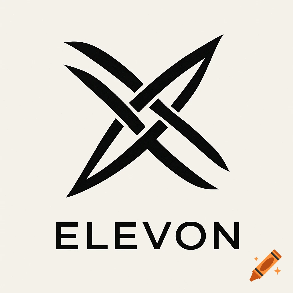 Abstract black and white logo with intertwined shapes above the word ELEVON in a clean, minimalist style.