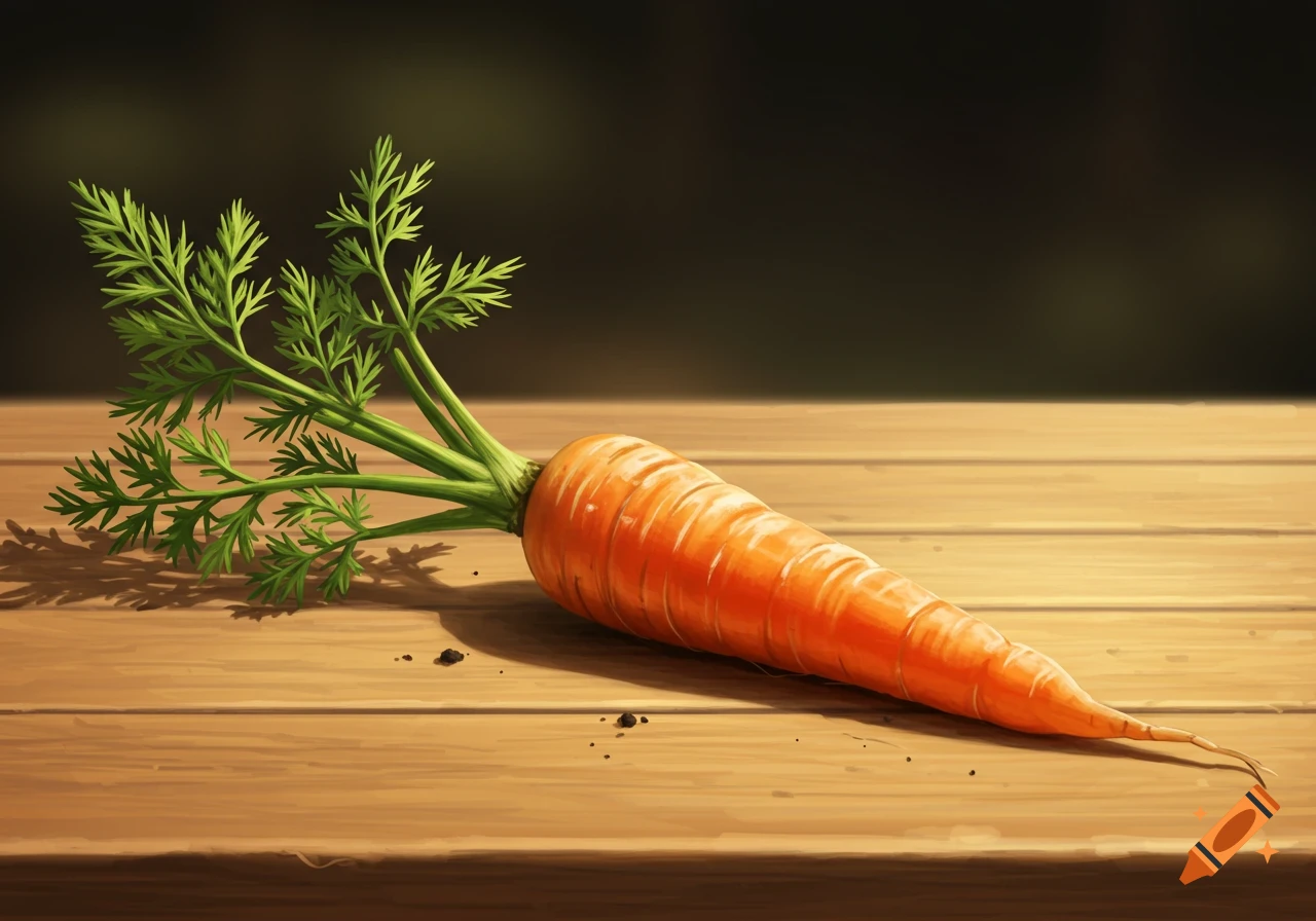 A single orange carrot with green leafy tops rests on a wooden table, against a dark background.