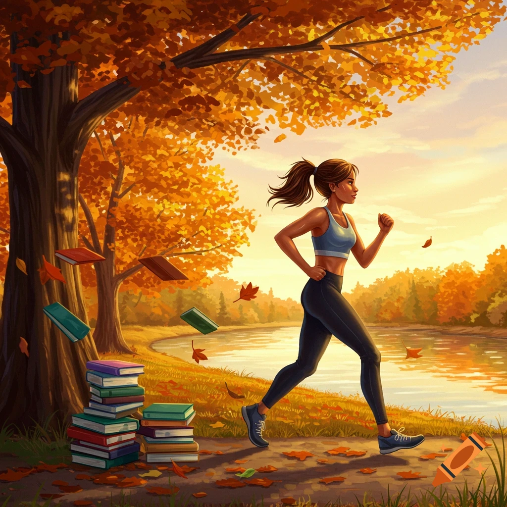 A woman jogs along a path beside a river during autumn, surrounded by trees with orange leaves. Stacks of books sit on the path, and some float among falling leaves.