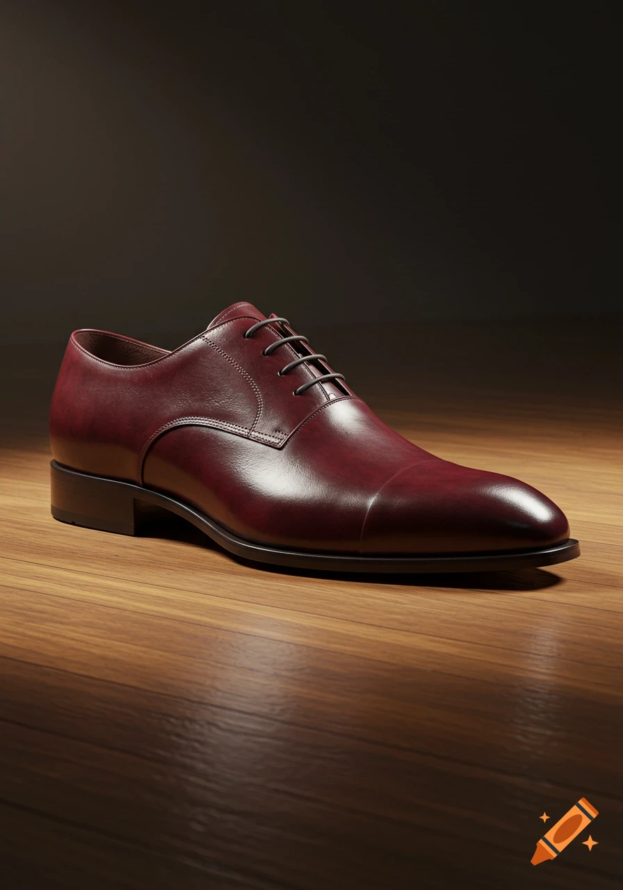 Photorealistic dark red leather oxford shoe on a polished wooden floor.