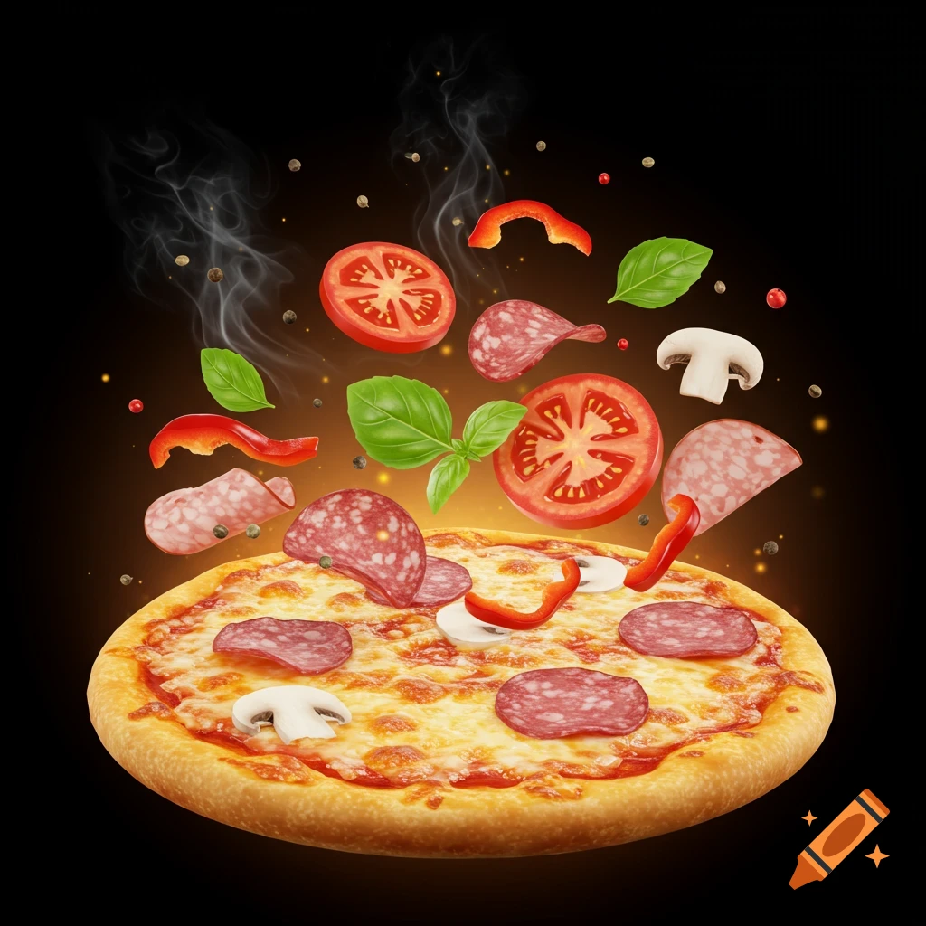 Photorealistic pizza with floating ingredients: salami, mushrooms, peppers, tomatoes, basil, and spices, on a dark, smoky background.