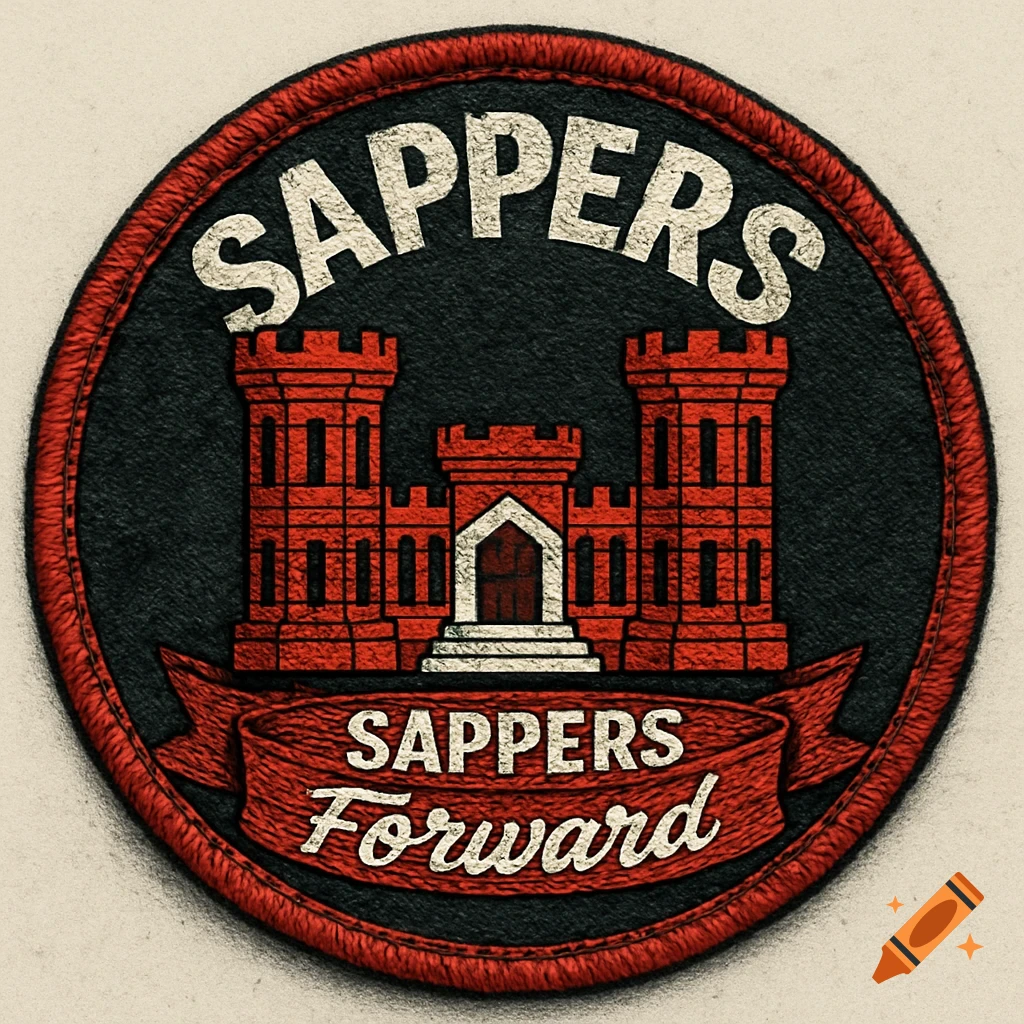 A round embroidered military patch with a red engineer castle on a black background, featuring 'SAPPERS' and 'Sappers Forward' text.