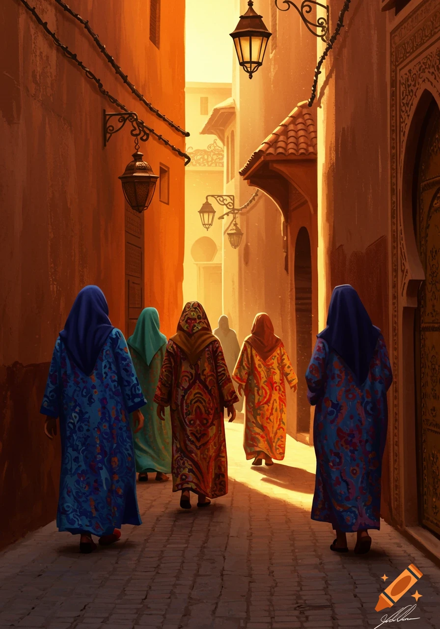 Five people in vibrant traditional robes walk through a sunlit, narrow alleyway in an old Moroccan city, painted in warm tones.
