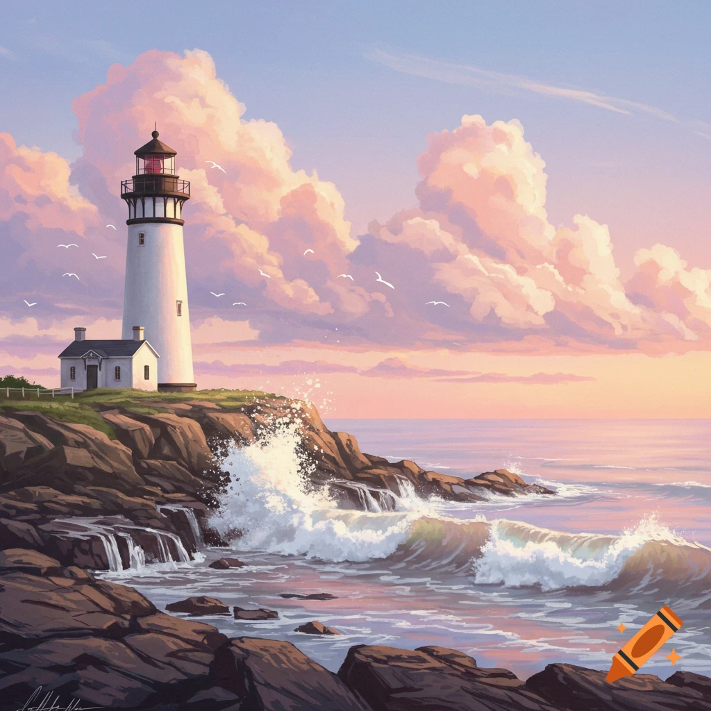 Classic white lighthouse on a rocky cliff overlooking a serene sea with crashing waves under a pastel dawn sky with pink clouds. Painted art style.