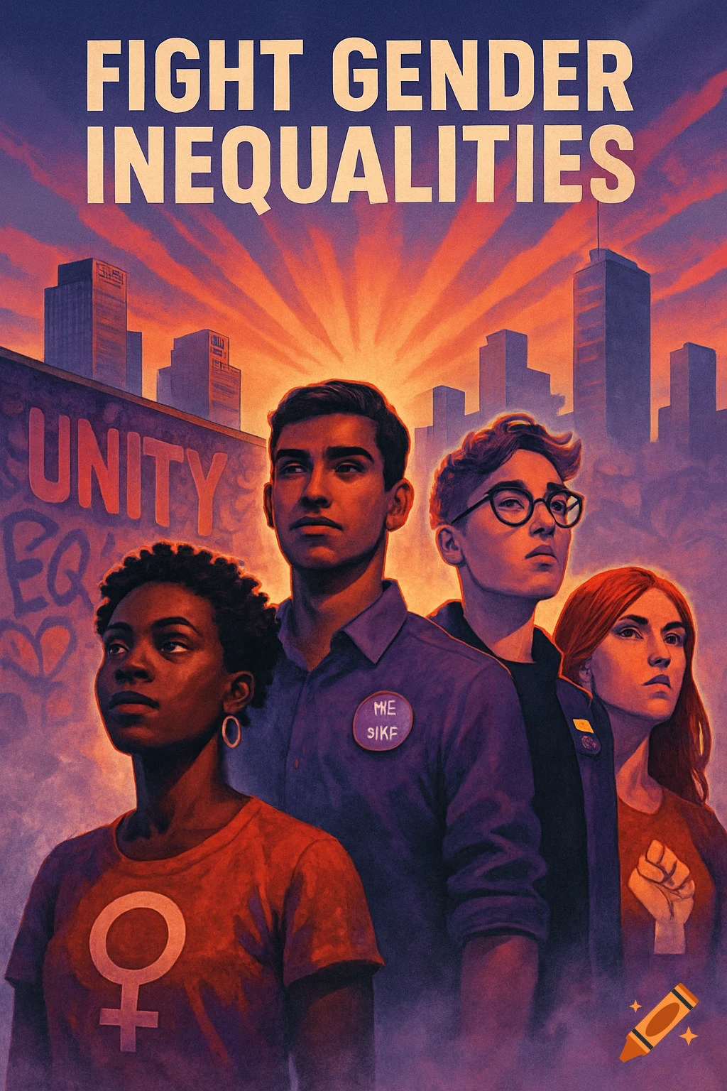 A poster-style illustration of a diverse group of people, with text "FIGHT GENDER INEQUALITIES" above a city skyline at sunset, and graffiti on a wall behind them.