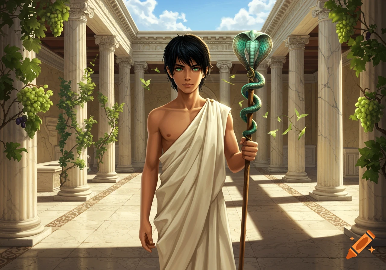 An anime boy with black hair and green eyes in a toga holds a snake-enwitted staff in an ancient columned courtyard with grapevines.
