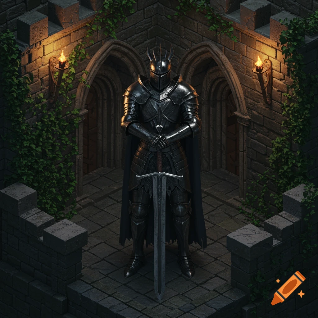 Isometric view of a knight in dark plate armor standing with a sword in a torch-lit stone castle with archways and ivy.