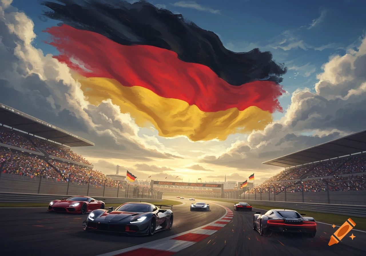 Sports cars race on a track under a vibrant sky where a massive German flag is painted within the clouds.
