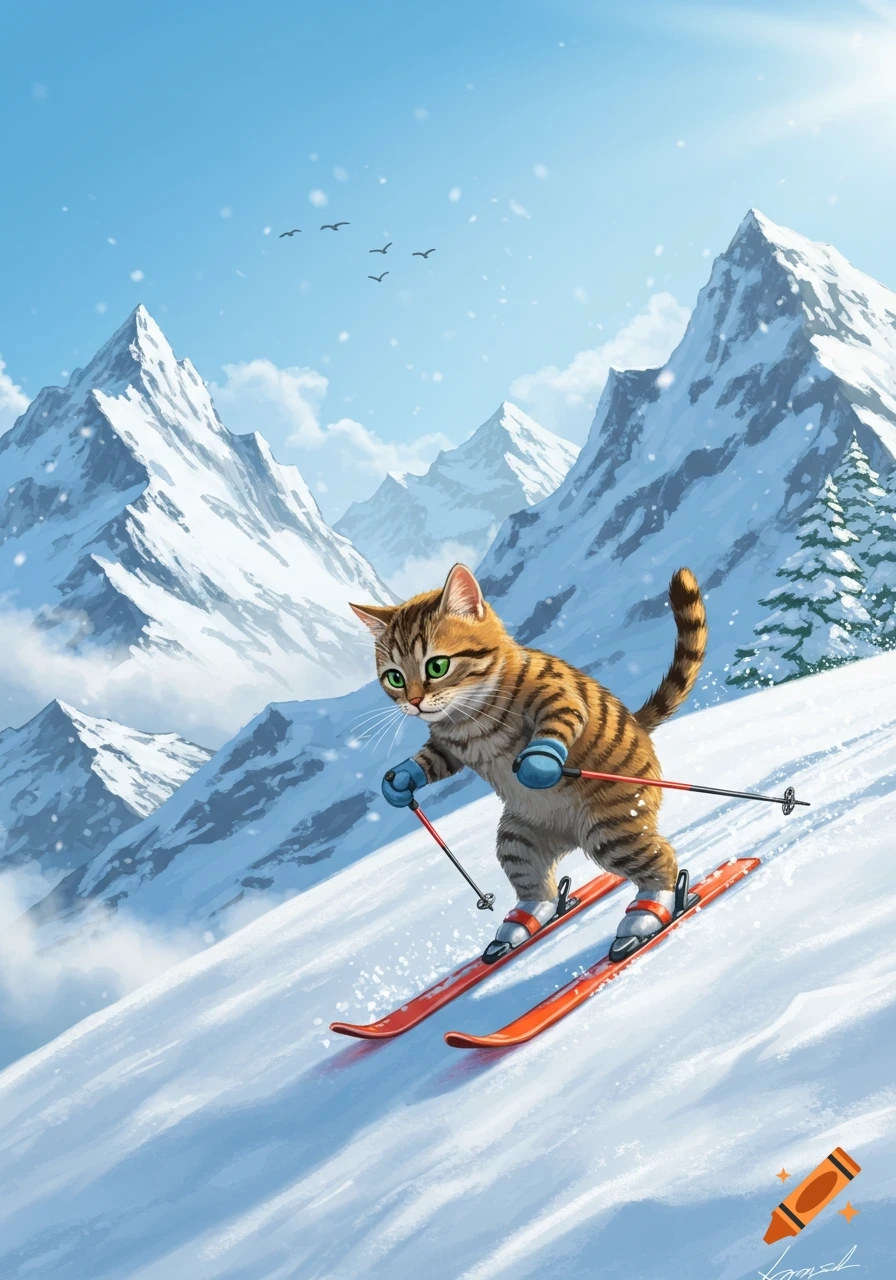 An illustrated tabby cat with green eyes, wearing blue gloves and boots, skis down a snowy mountain slope under a blue sky with distant peaks and birds.