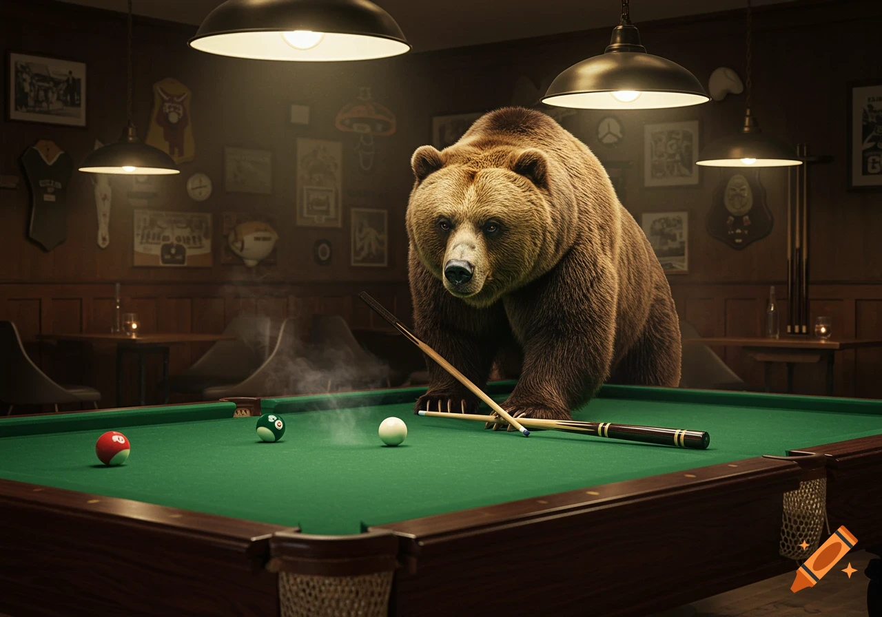 A large brown bear leans over a green billiards table, holding a cue stick in a warmly lit bar with framed pictures on the wooden walls. Smoke rises from the table near the cue ball, with a red and a green ball also visible.