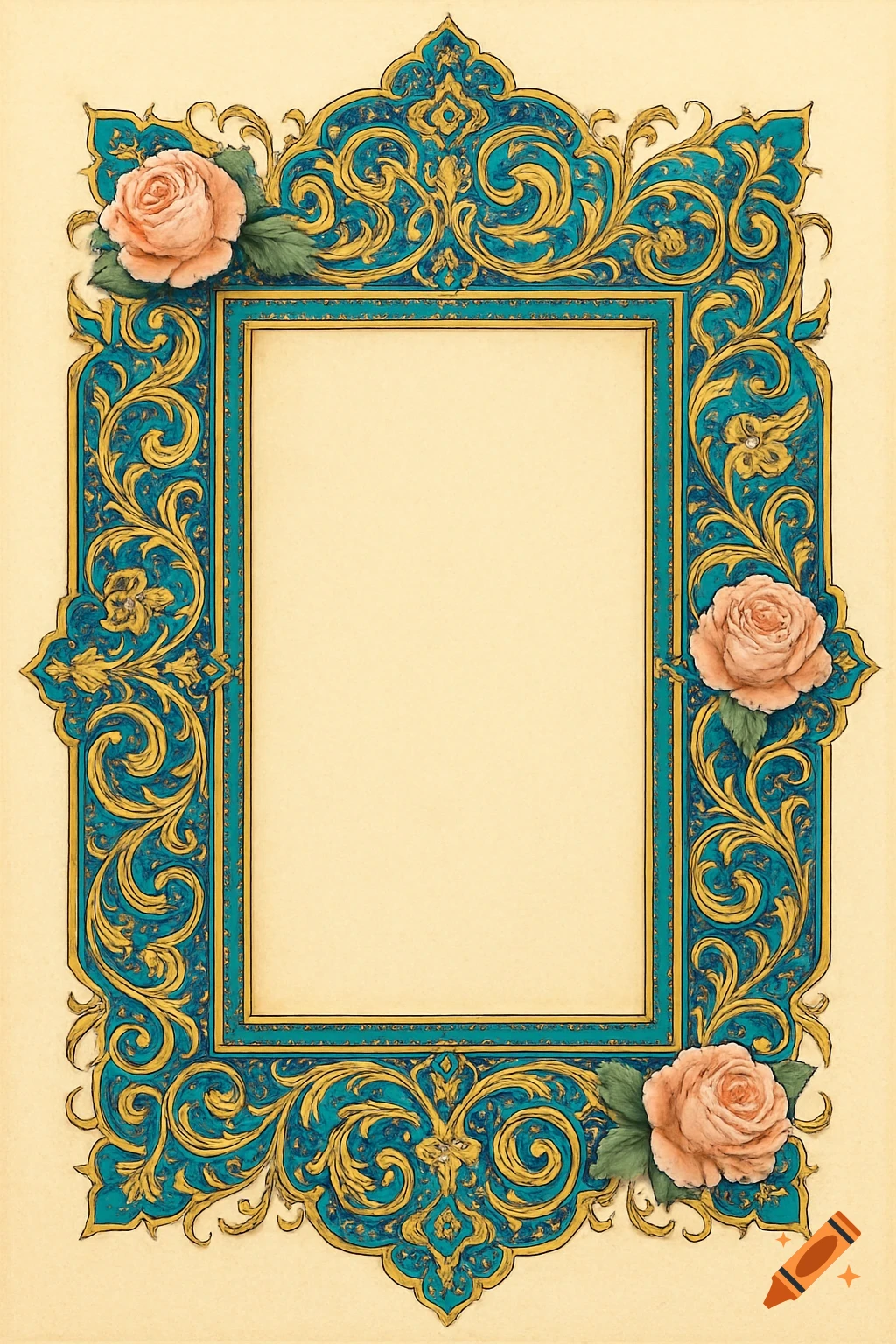 A highly ornate Persian frame with intricate golden and teal arabesque patterns, adorned with three peach roses on an ivory background.