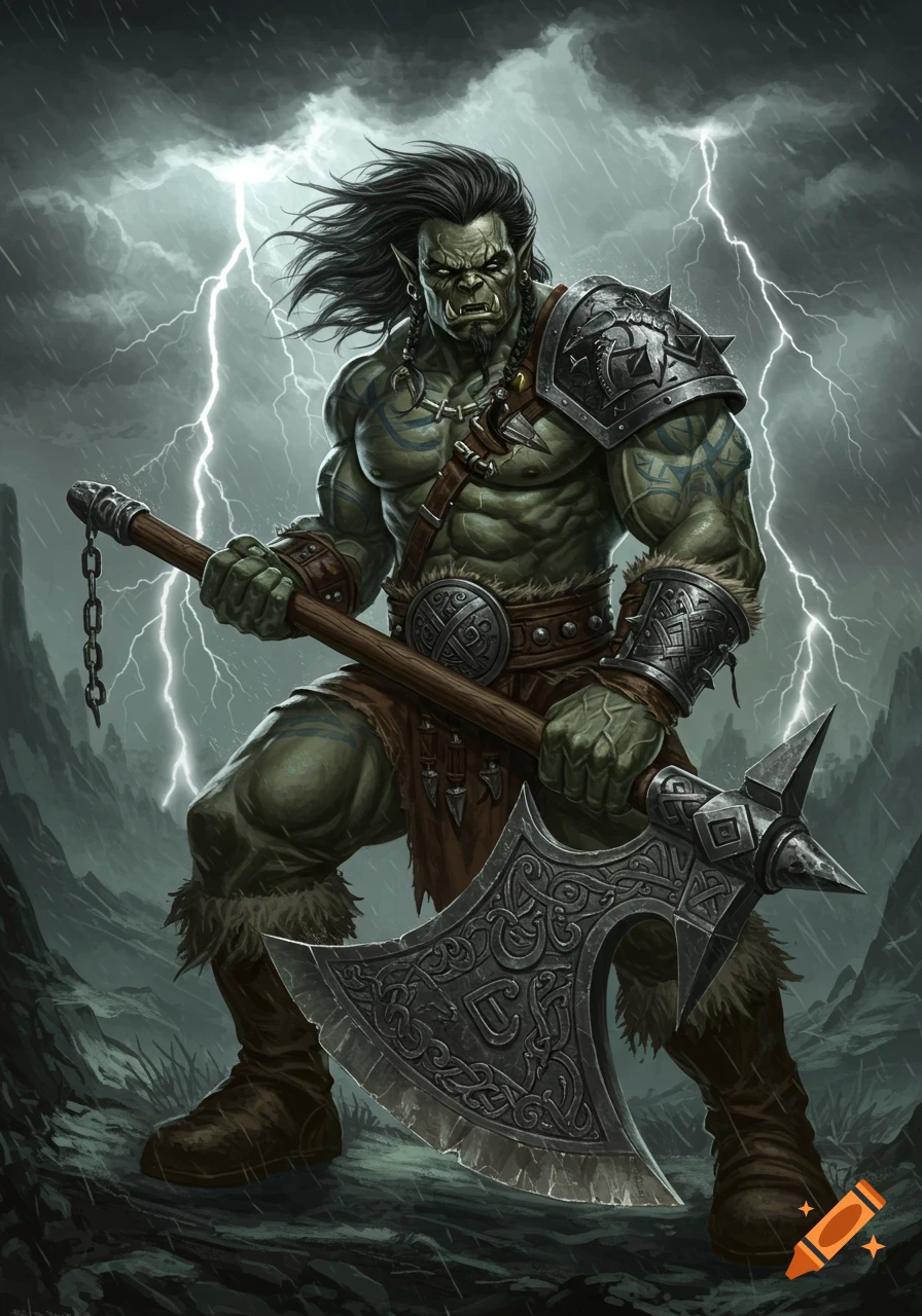 A muscular green orc barbarian with long dark hair, wearing armor and holding a large axe, stands in a stormy, mountainous landscape with lightning.
