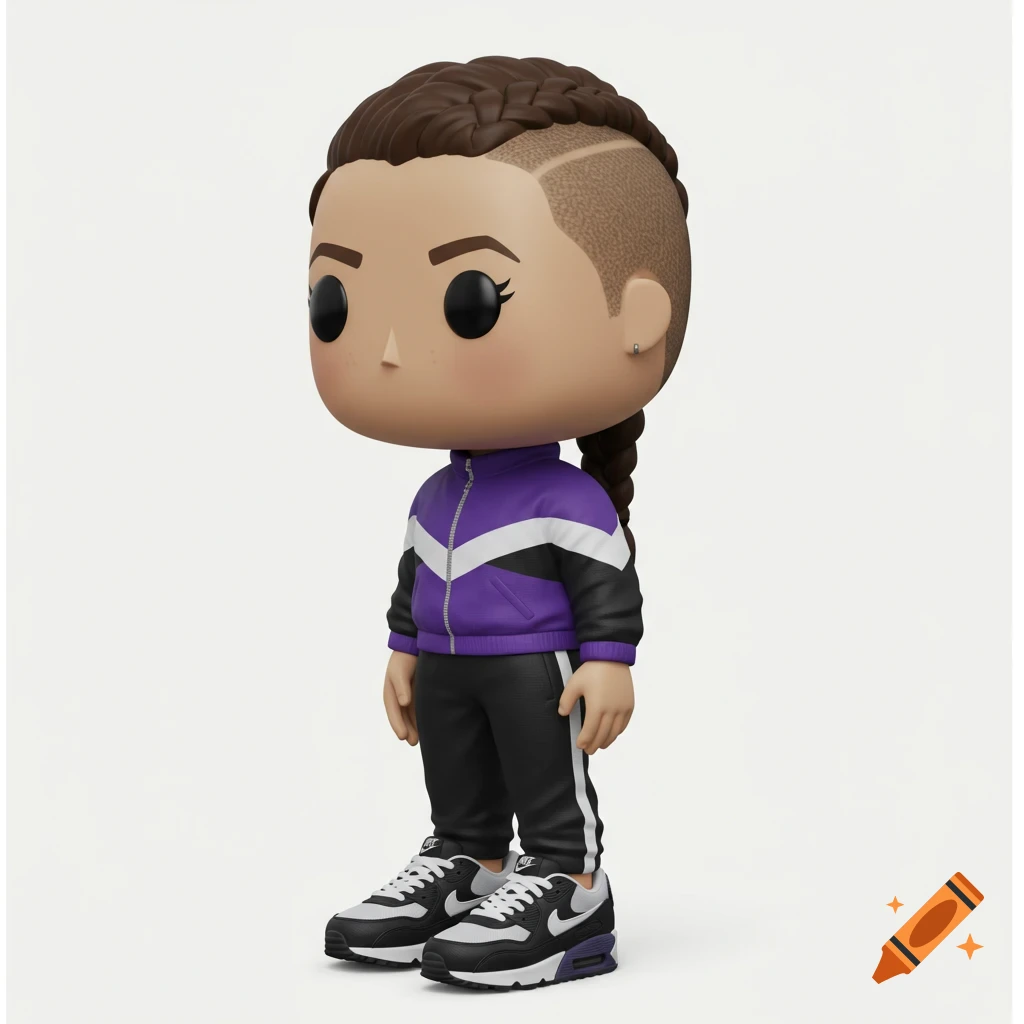 A Funko Pop figure of a woman with braided hair, shaved sides, wearing a purple tracksuit and Nike Air Max 90 shoes on a white background.