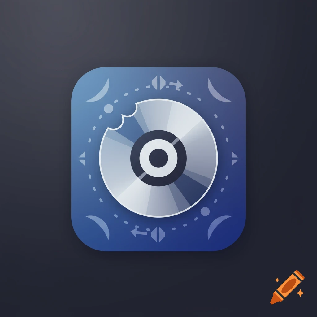 App icon featuring a silver CD with a bite mark on a rounded blue background with faint symbols.