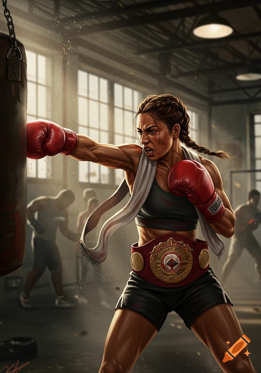 A fierce woman boxer in red gloves and a championship belt punches a heavy bag in a gritty gym. Detailed digital art.