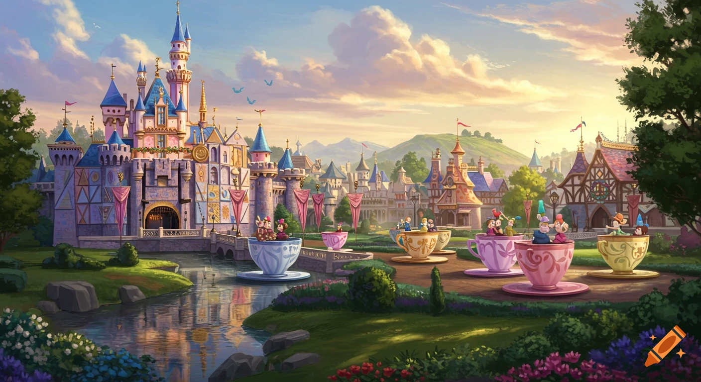 A vibrant, whimsical Disney concept art illustration of a fairytale castle and spinning teacup rides in a magical Fantasyland landscape at golden hour.