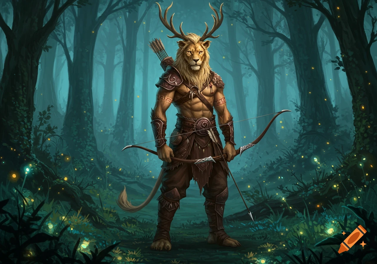 A muscular anthropomorphic lion-headed warrior with deer antlers and a bow, standing in a mystical, glowing forest.