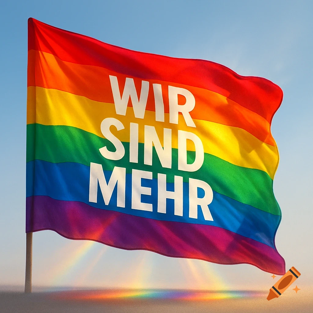 Photorealistic rainbow flag waving against a blue sky, with 'WIR SIND MEHR' in white text and a faint rainbow reflection on the ground.