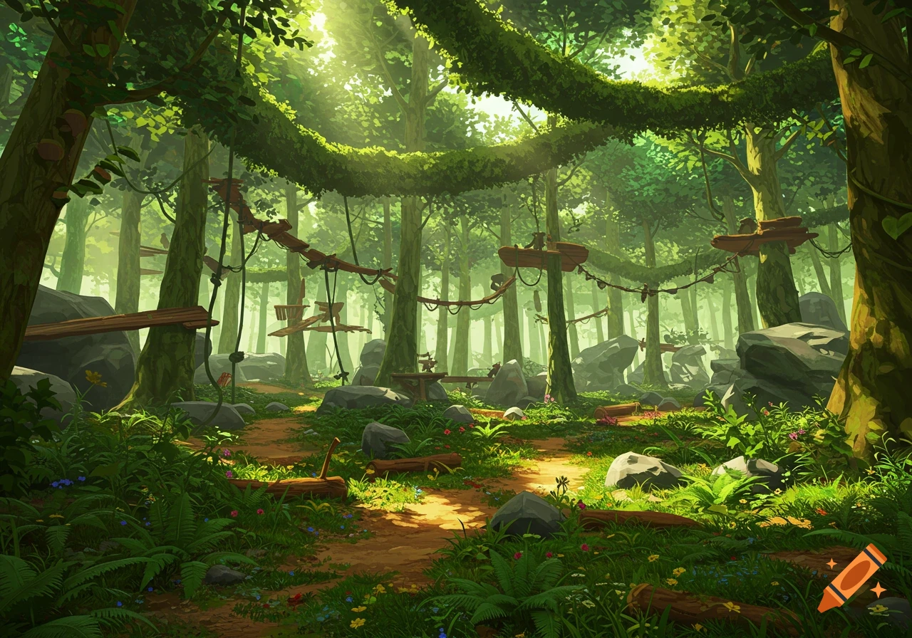 A vibrant, lush forest with sunlight streaming through the canopy, featuring wooden platforms and rope bridges winding through the trees.