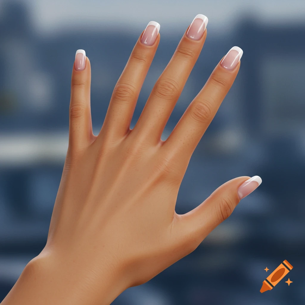 A close-up, photorealistic image of a youthful hand with a French manicure, viewed from the back, against a blurred blue background.