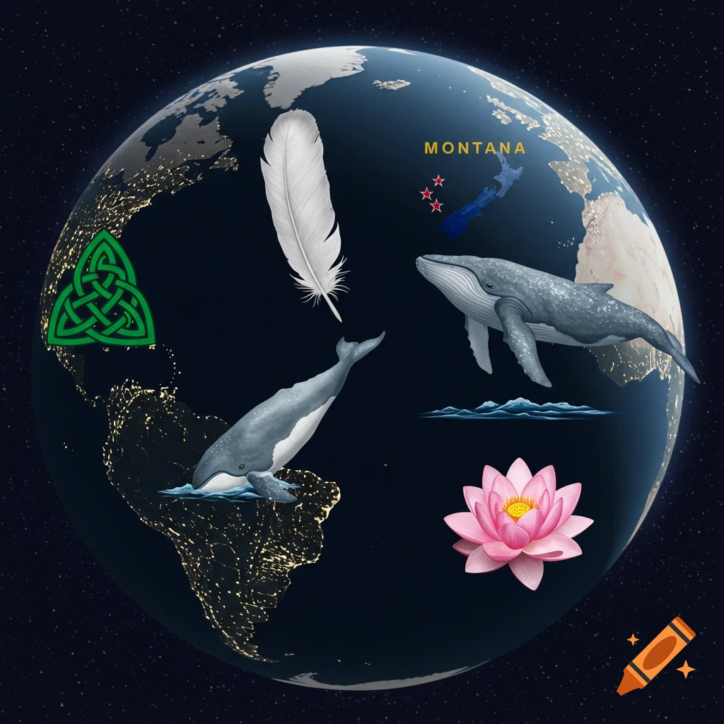 A stylized globe featuring a green Celtic knot, white feather, two whales, a pink lotus flower, and text 'MONTANA' on a starry background.