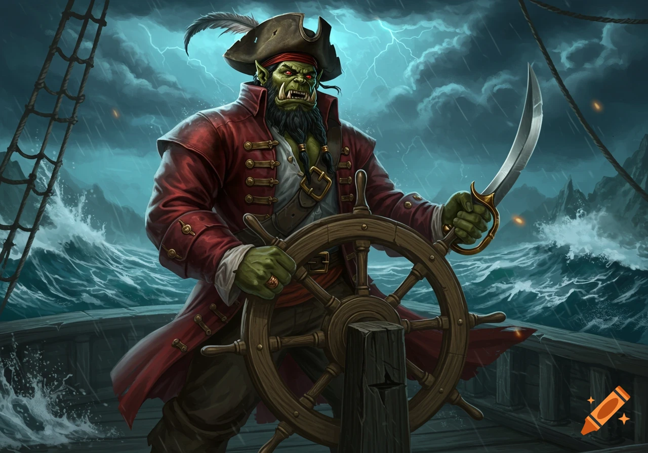 An imposing orc pirate captain with green skin and a red coat steers a ship in a stormy sea, holding a cutlass.