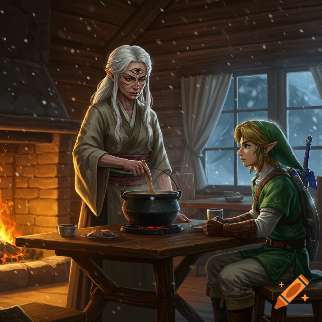 White-haired woman with cryptic eye symbol stirs a pot for Link in a cozy winter cabin with a fireplace.