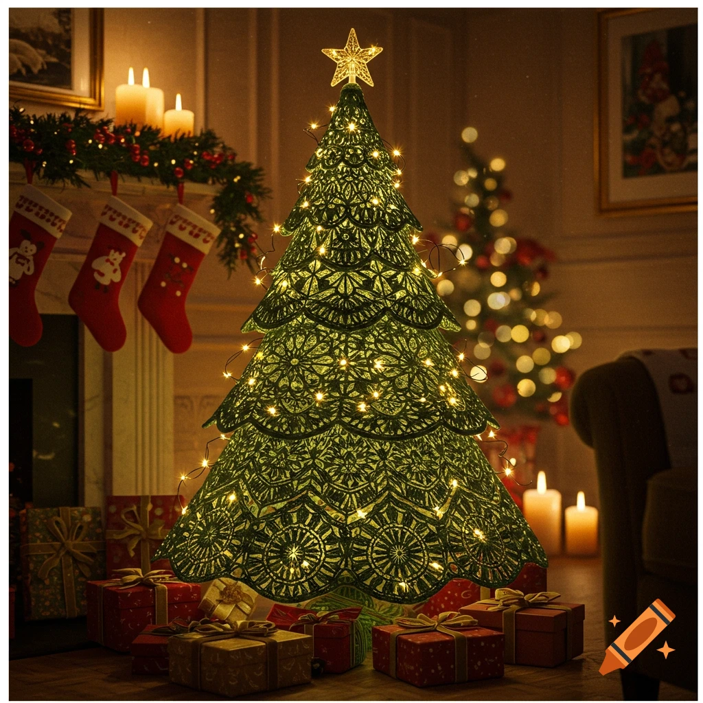 A photorealistic green crochet Christmas tree with warm lights, a star, and gifts, in a cozy room with a fireplace.