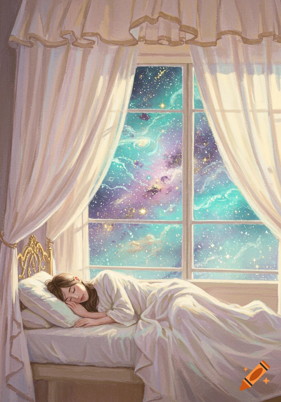 Impressionistic painting of a woman sleeping peacefully in bed, with a window revealing a vibrant galaxy and nebulae.