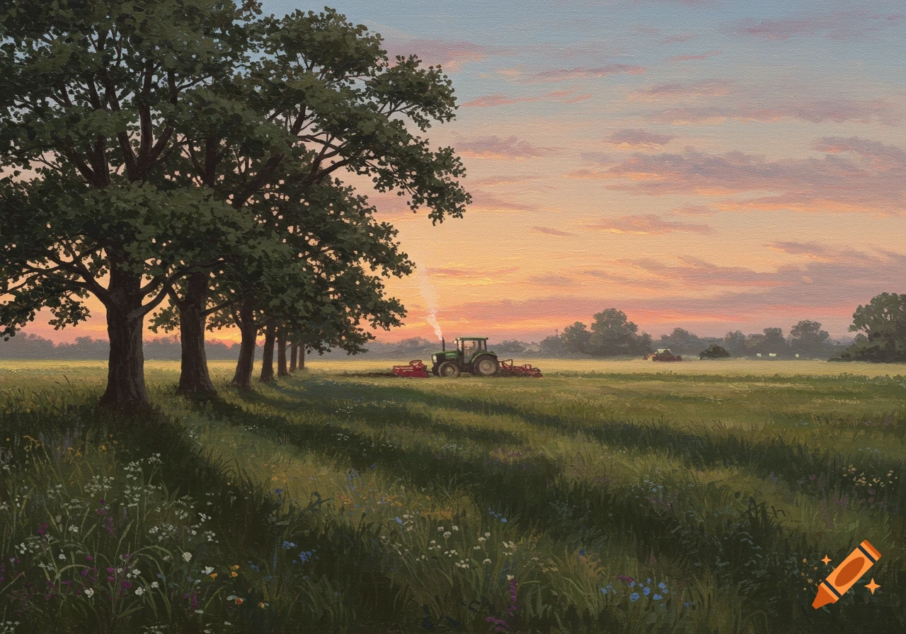A green tractor plows a field under a pastel sunset, with a row of large trees casting long shadows on the left, in a painterly style.