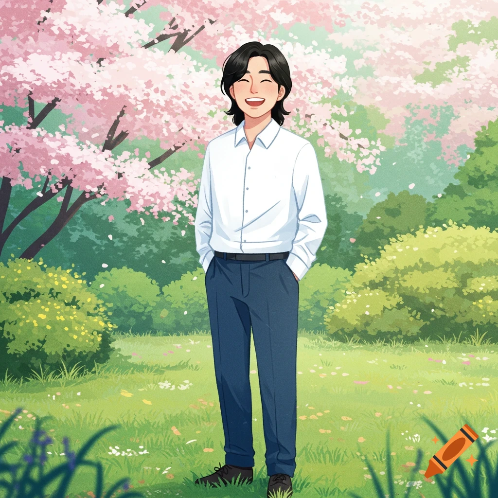 A smiling man with black hair stands in a park filled with pink cherry blossom trees in an anime illustration style.